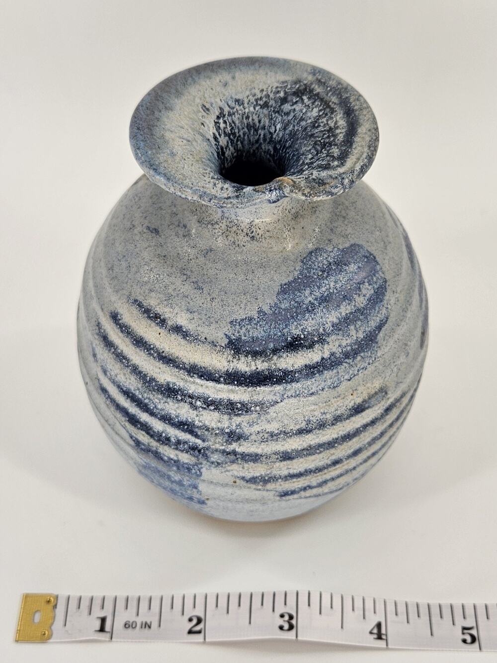 Jason Bove Ohio Studio Art Pottery Blue Ribbed Round Bud Vase Weed Pot Signed